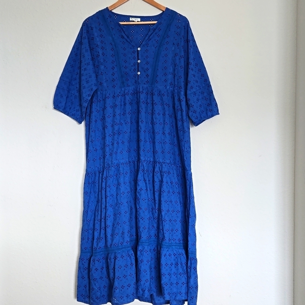 Maisie Womens Eyelet Embroidered Tiered Midi Dress Large Blue Boho Resort Wear